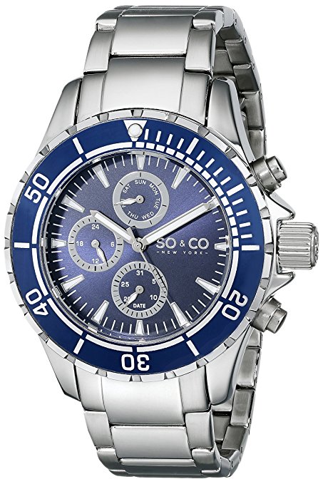 SO&CO New York Men's 5038.2 Yacht Club Unidirectional Blue Bezel GMT Day and Date Stainless Steel Link Bracelet Watch