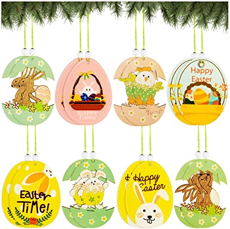 Wooden Hanging Ornaments for Easter, 16 Pieces Cute Egg and Rabbit Hanging for Easter Decoration, Easter Colorful Egg Hanging Decorations for Indoor and Outdoor