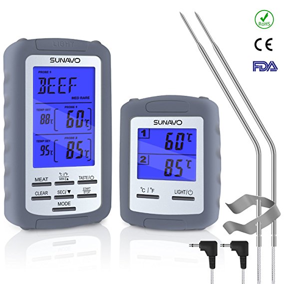 Sunavo Wireless Remote Cooking Meat Thermometer Digital with Large LCD and Timer Alarm for Grilling Oven Kitchen Smoker BBQ Grill with Dual Stainless Steel Temperature Probe