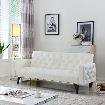 Modern Tufted Bonded Leather Sleeper Futon Sofa with Nailhead, White