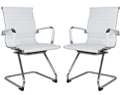 Classic Eames Replica visitors chair in WHITE PU leather. Chrome arms with protective arm sleeves with zip available. Sold in a box of TWO chairs with FREE shipping. SAVE 18% buying 2.