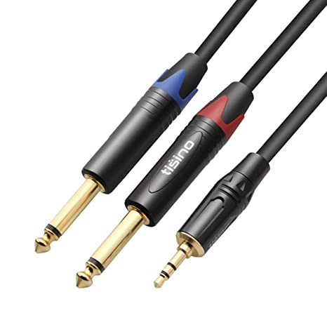 TISINO 1/8" TRS Stereo to Dual 1/4" TS Mono Y-Splitter Cable, 3.5mm Mini Jack Aux to Quarter inch 6.35mm Jack Stereo Breakout Cord - 10 feet