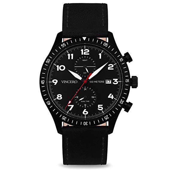 Vincero Luxury Men’s Pilot Wrist Watch - Top Grain Italian Leather Watch Band - 44mm Analog Watch - Japanese Quartz Movement