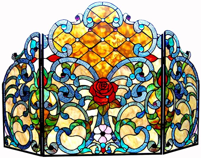 Chloe 3 Piece 44" Tiffany Folding Victorian Glass Fireplace Screen, One Size, Multicolor