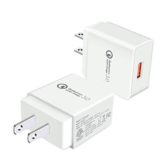 Quick Charge 3.0 Wall Charger, FiveBox 2PC 3Amp Fast USB Wall Charger Brick Cube Power Adapter Charger Box Block Compatible iPhone Xs Max/XR/X/8/7/6, iPad, Samsung Galaxy S10 S9, LG, Motorola, ZTE