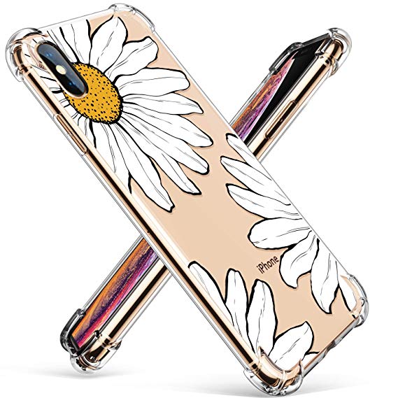 GVIEWIN Compatible for iPhone Xs/X Case, Clear Flower Pattern Design Soft & Flexible TPU Ultra-Thin Shockproof Transparent Girls Women Floral Cover, Cases iPhone X/iPhone 10 Sunflowers/White