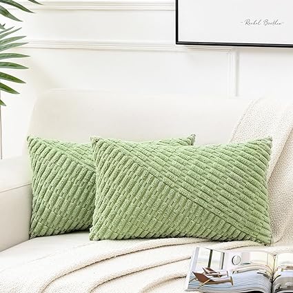 Fancy Homi 2 Packs Sage Green Lumbar Decorative Throw Pillow Covers 12x20 Inch for Couch Bed Sofa, Rustic Farmhouse Boho Home Decor, Soft Corss Corduroy Twill Textured Rectangle Cushion Case