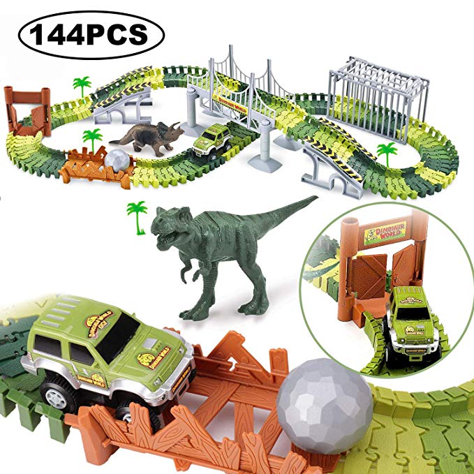 Dinosaur Toy Race Track Dinosaur World Bridge Create A Road 144 Pieces Toy Car & Flexible Track Playset Toy Cars, 2 Dinosaurs