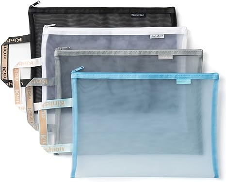 Mesh Zipper Pouch, Lightweight Nylon File Folders, A4 Document Organizer Clearly Visible Mesh Zip Bag, Suitable for School Office Travel Supplies (4 Packs) (Single-Layer Mesh)