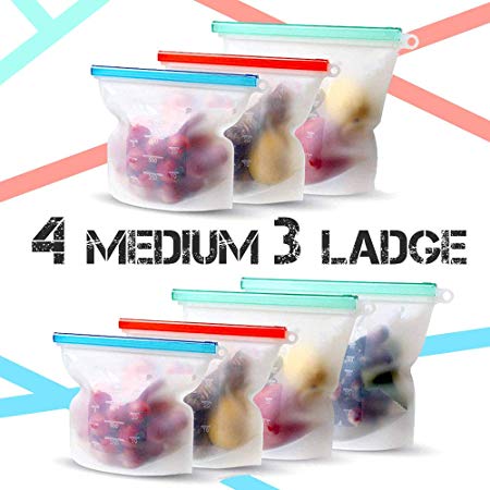 Lodge Silicone Food Reusable Bags for Fruits 7pcs Microwave and Dishwasher Safe Reusable Ziplock bags by Lodge