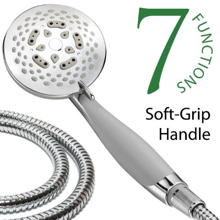 HotelSpa High-Fashion Extra-Large 7-Setting Luxury Hand Held Shower Head with Angle Adjustable Bracket and Stainless Steel Hose Soft-Grip Rubber Dial Rim and Handle 425 Inch Chrome Face