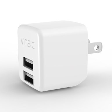 USB Charger Vinsic 24A USB Charger 12W Dual USB Wall Charger for iPhone 5 5s 5c iPad samsung galaxy and Android or USB Devices White