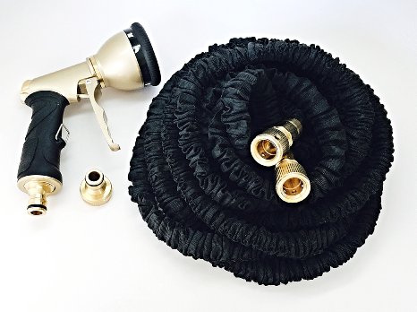 50 Feet Extra Durable Expandable Garden Water Hose, Triple Latex Core Flexible Expandable Hose and Free 9-function Sprayer (Value $16.99) Included with All Solid Brass Connector Fittings, Black