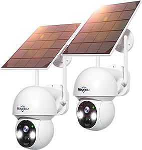 Hiseeu Solar Security Camera, 2PCS 4MP Wireless WiFi Camera Outdoor, PTZ 360° View, PIR Motion Detection, Color Night Vision, IP66, 2-Way Audio, 2.4G WiFi