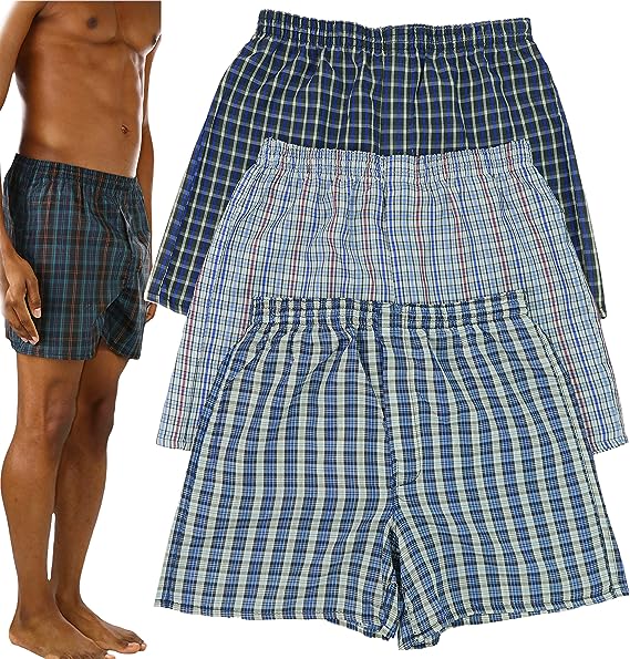 ToBeInStyle Men's Pack of 3 or 6 Button Fly Loose Fit Tartan Plaid Boxer Shorts