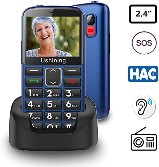 Ushining 3G Unlocked Cell Phones for Seniors,SOS Button Hearing Aid Compatible AT&T Prepaid Cell Phones Large Volume 2.4 Inch HD Landscape Screen Basic Cell Phones with Charging Dock (Blue)