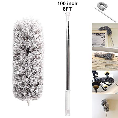 Microfiber Duster/Hand Duster 33" - 100", Ceiling Fan Duster with Stainless Steel Long Extendable Pole Washable Bendable Duster for Cleaning Interior Roof, High Ceiling Fan, Cobweb, Wall Dusting-Wet