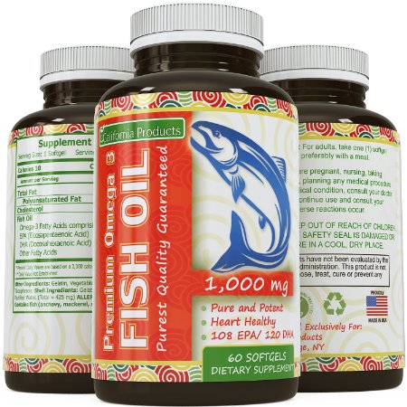 100 Pure Fish Oil Supplement - Highest Grade Softgel Capsules for a Natural Source of Omega 3 Fatty Acids - Guaranteed By California Products