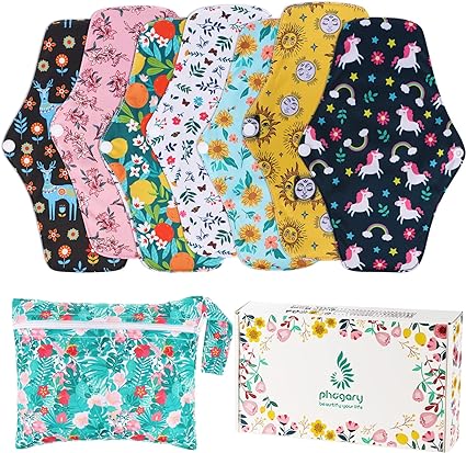 PHOGARY Reusable Menstrual Pads, Bamboo Cloth Pads for Heavy Flow with Wet Bag, Large Sanitary Pads Set with Wings for Women, Washable Overnight Cloth Panty Liners Period Pads(7 in 1, Style I)