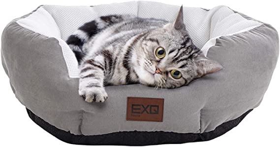 EXQ Home Cat Bed, 20 inch Cat Beds for Indoor Cats Washable, Round Breathable Calming Cat Beds for Summer,Soft Grey Cooling Pet Bed Cushion Kitten Bed with Slip-Resistant Bottom