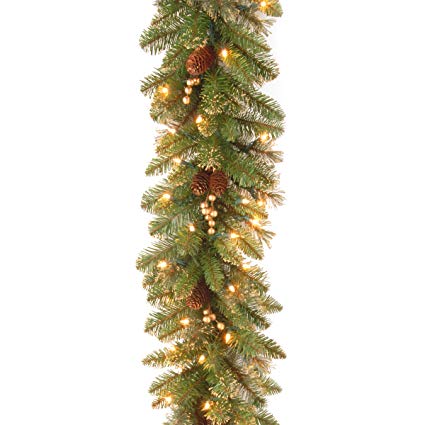 National Tree 9 Foot by 10 Inch Glittery Pine Garland with Gold Berries and 100 Clear Lights (GPG3-341-9A)