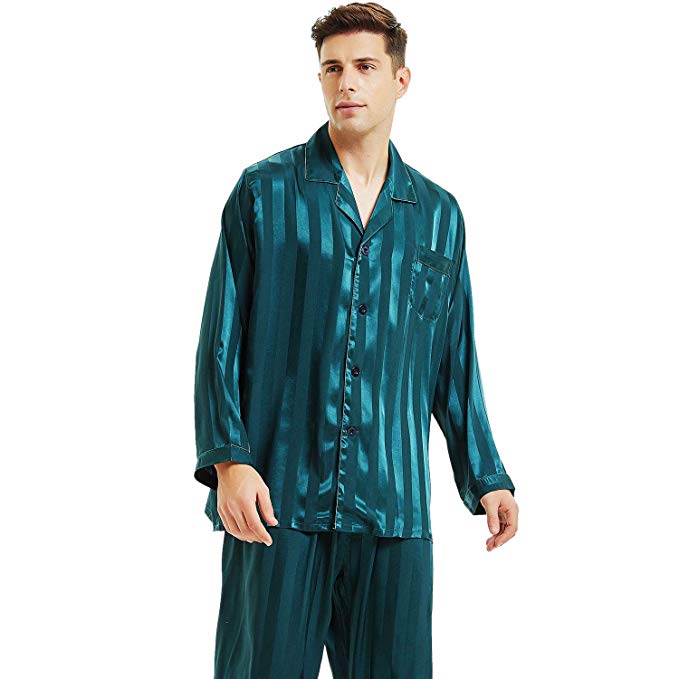 Mens Satin Long Button-Down Pajamas Set S M L XL 2XL 3XL 4XL