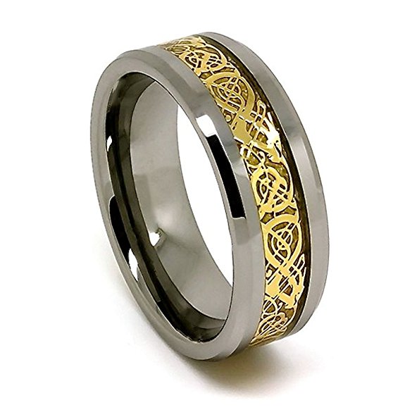 8mm Polished Tungsten Wedding Band with Golden Colored Celtic Dragon Inlay (Sizes 4-17)