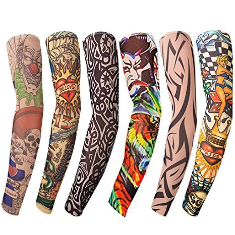 Fake tattoos sleeves (6 Pcs)- Nylon Stretch Elastic Temporary Tattoo Arm Sleeves - Fancy Dress Stockings, Tribal/Skull Designs, Cycling, Basketball Sun Block Sleeve let ( Unisex ) – Size 45 cm /17.7” long