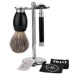 Shaving Gift Set - With ShaveMaxx - Razor and Brush Stand Double Edge Safety Razor 100 Badger Brush BONUSES INCLUDE 5 Replacement Blades 1 Leather Blade Guard 1 Polishing Towel Great Gift Idea for Father Husband or Boyfriend The Shaving kit is Beautiful Packed In a Well Presented Gift Box Black