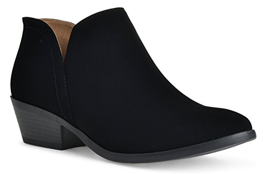 Women's Madeline Western Almond Round Toe Toe Slip on Bootie - Low Stack Heel - Zip Up - Casual Ankle Boot by LUSTHAVE