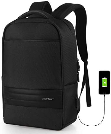 ASPENSPORT Slim Laptop Backpack Fit 15.6 inch Business Travel Computer Bag with USB Charging Port & Luggage Strap Water Repellent Daypack for Men & Woman Black
