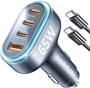 LISEN USB C Car Charger 65W 36W 4 Port Fast Charging Car Charger Adapter PD3.0 & QC3.0 Cigarette Lighter Car USB Charger Multi Port with Cable,Compatible with iPhone 15 Pro Max 14 Samsung S24 iPad