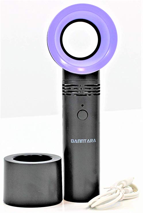 DANNTARA USB Rechargeable Portable Bladeless Fan Handheld Mini Cooler No Leaf Handy Fan with 3 Fan Speed Level LED Indicator (Black)