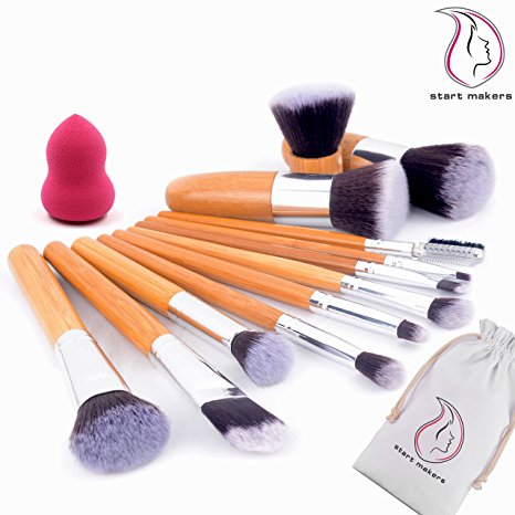 Start Makers 12 1 Piece Professional Makeup Brushes -12pcs Bamboo Handle Make up Brushes  1pcs Makeup Sponge - Natural Soft Kabuki Make up Brush Set - Face Eye Makeup Kits Set with Travel Pouch