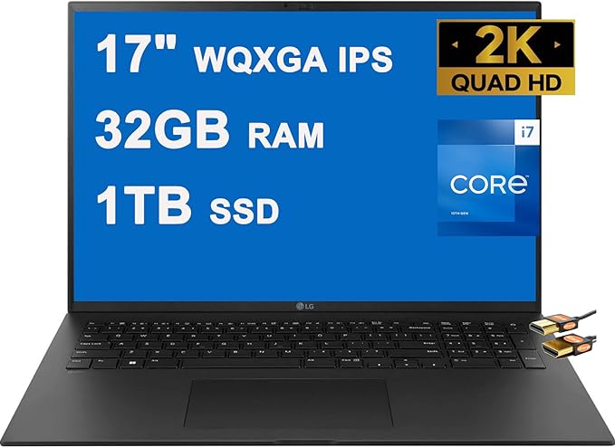 LG Gram 17 Business Lightweight Laptop 17" WQXGA 2560x1600 IPS (DCI-P3 99%) 13th Gen Intel 12-Core i7-1360P 32GB RAM 1TB SSD Backlit Thunderbolt4 USB4 Long Battery Life Win11 Black + HDMI Cable