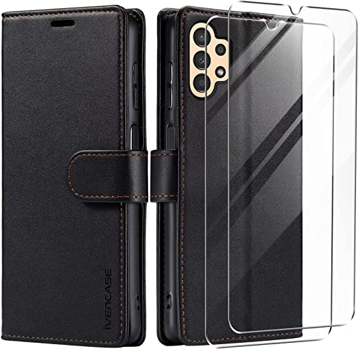 ivencase Flip Case Compatible with Samsung Galaxy A13 4G Case and 2 Tempered Glass Screen Protector, Leather Wallet Flip Cover with Card Slots Magnetic Closure Kickstand Case Samsung A13 - Black