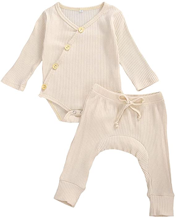 Newborn Unisex Baby Organic Cotton Kimono Onesies Solid Pants-Basic Plain Rib Stitch Knitted Outfits Set