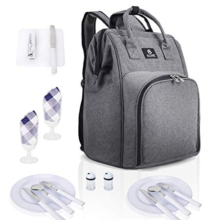 ALLCAMP Picnic Backpack with Detachable Bottle/Wine Holder, Fleece Blanket, Plates and Cutlery Set