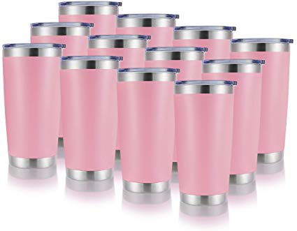 DOMICARE 20oz Stainless Steel Tumbler with Lid, Double Wall Vacuum Insulated Travel Mug, Durable Powder Coated Insulated Coffee Cup, 12 Pack, Pink