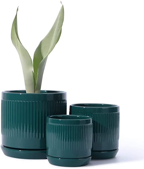 POTEY 053208 Ceramic Planter Pots - Glazed Modern Planters Flower Pot Indoor Bonsai Container with Drainage Holes & Saucer for Plants Aloe(Set of 3-6.6 5.1 4.2 Inch, Shiny Green, Plants Not Included)