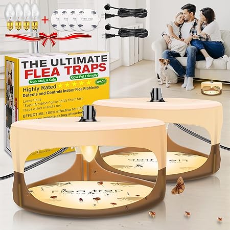 Flea Trap, Sticky Bed Bug Flea Traps Indoor Pest Control Trapper Insect Killer with 4 Glue Discs and Light Bulbs, Flea Traps for Inside Your Home with Light