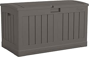 Suncast 50 Gallon Plastic Deck Box with Molded Lockable Feature and Weathertight Construction for Home, Patio, Lawn, and Garden Storage, Gray