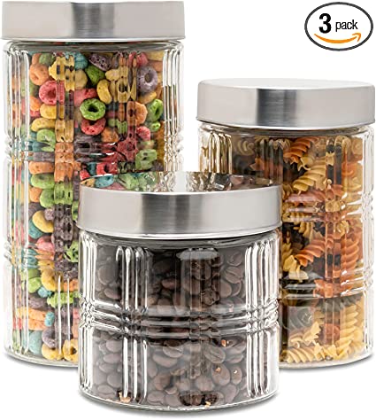Style Setter Portland Round Canister Set 3-Piece Glass Jars in 30oz, 44oz & 59oz Chic Design with Airtight Lids for Cookies, Candy, Coffee, Flour, Sugar, Rice, Pasta, Cereal & More, 303395-3RB