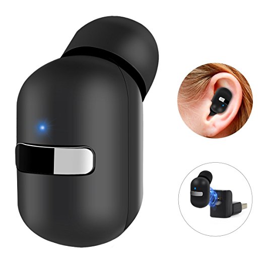 Stoon Bluetooth Headphones V4.1 Mini Wireless Earbuds with Mic Invisible Car Headset [Magnetic USB Charger] Lightweight Single In Ear Earphone with Customizable Eartips S/M/L(One Piece) (Black)