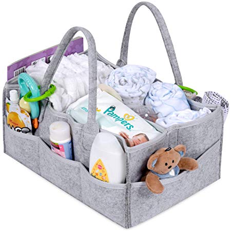 Multi-use Baby Diaper Caddy Organizer/Traveling Camping Basket for Car - Nursery Storage Bin with Handles - Portable Holder Bag for Changing Tables, Fits All Sizes Diapers Wipes Toys Burp Cloth, Gray