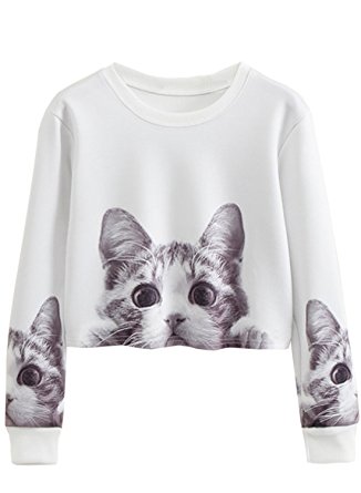 Azbro Women's Autumn Long Sleeve Cat Print Crop Sweatshirt