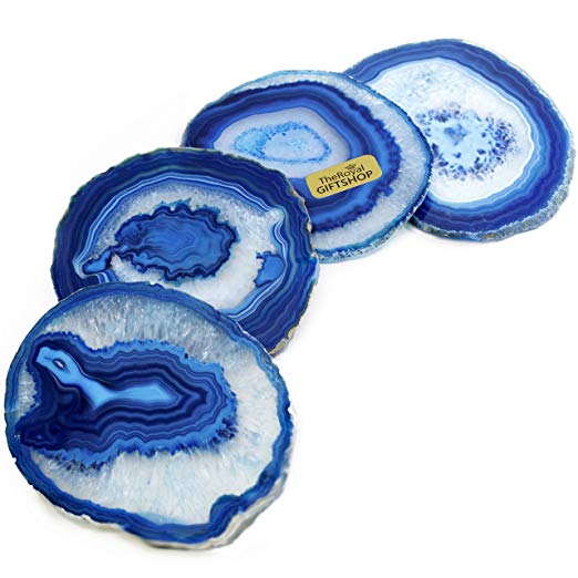 Gift Set of Four Genuine Brazilian (4"- 5") Agate Coasters. Includes Protective rubber bumpers. - BLUE