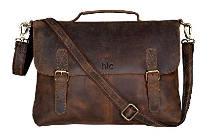 Handolederco 18 inch Vintage Buffalo Leather Messenger Satchel Laptop Briefcase Men's Bag Crazy Vintage Leather Messenger Briefcase Bag