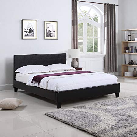 Divano Roma Furniture Classic Deluxe Bonded Leather Low Profile Platform Bed Frame with Paneled Headboard Design (Queen)