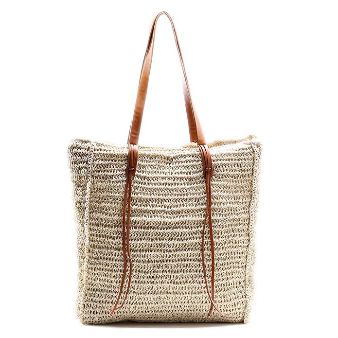 Beach Bag by Miss Fong, Straw Bag Shopping Basket for Summer Shoulder Bag Tote Bag with Inner Zipper Pocket and Leather Handle